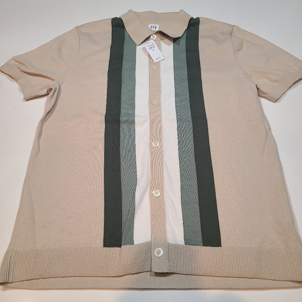 NWT GAP Men's Casual Beige and Green Striped Short Sleeve Shirt in Size Medium